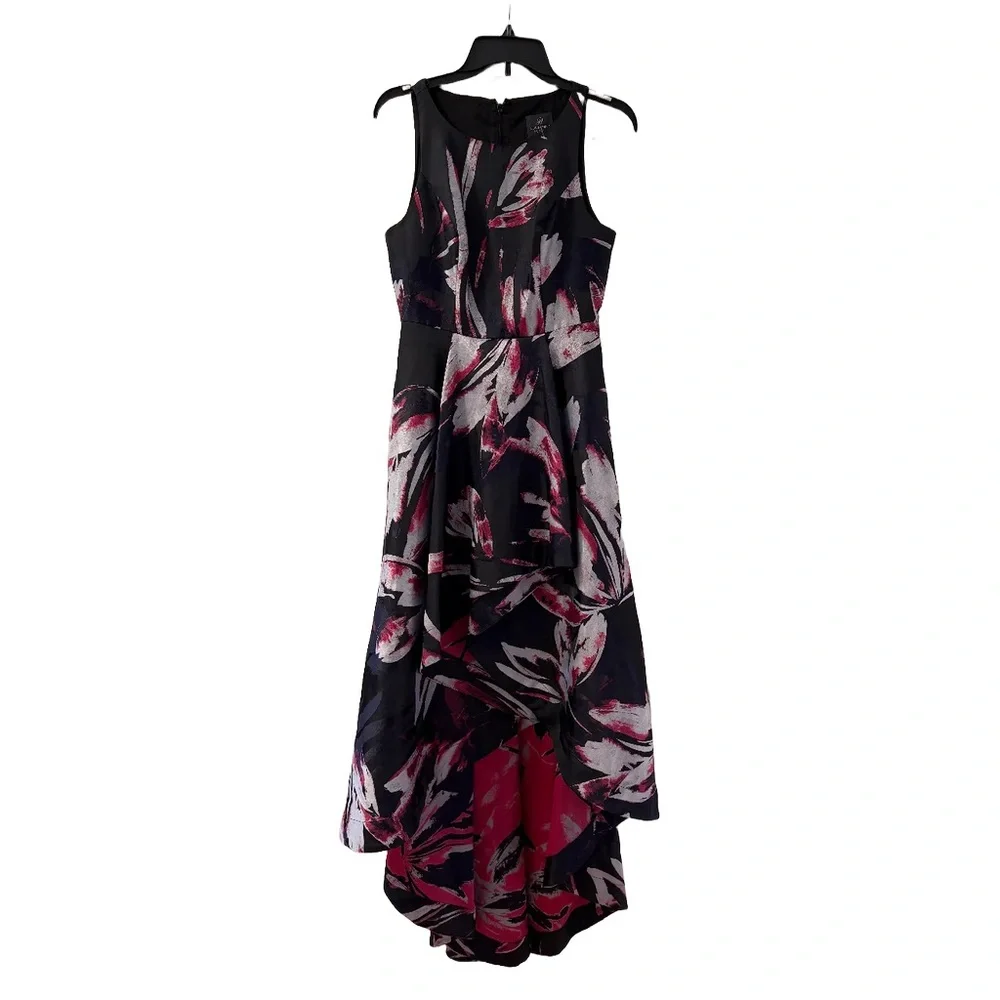 Adrianna Papell Floral High Low Dress Size 4 Black Pink Formal Evening Gown - Picture 8 of 12